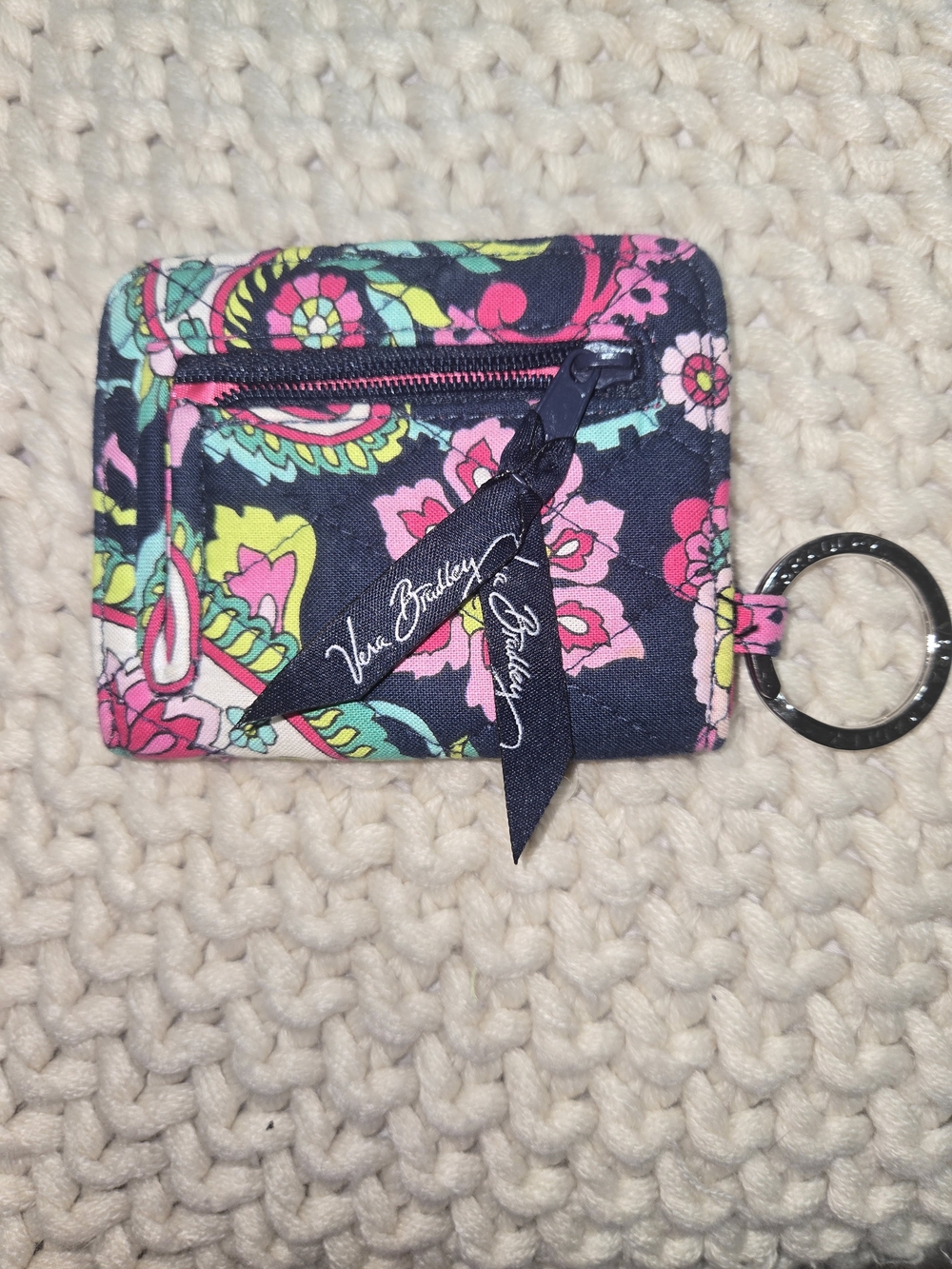 Vera Bradley Navy Floral Quilted Key Ring Wallet - Pink & Lime Accents